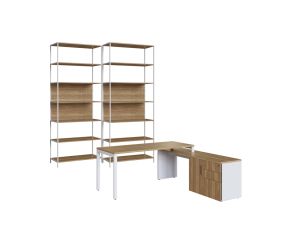 Conjunto Mesa Escritório Diretoria, Balcão e 2 Estantes Dimitri Nogal Sevilha com Branco