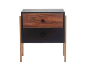 mesa de cabeceira 2 gavetas pine preto com pau ferro pes tauari frente