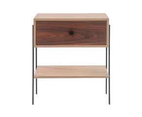 mesa de cabeceira pine carvalho com gaveta pau ferro pes metal frente