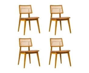 kit de 4 cadeiras búzios assento estofado eco leather e encosto palhinha