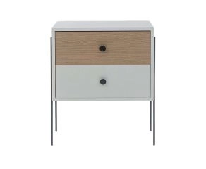 mesa de cabeceira 2 gavetas pine branco com carvalho pes metal frente