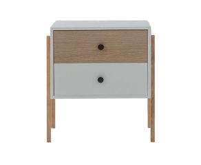 mesa de cabeceira 2 gavetas pine branco com carvalho pes tauari frente