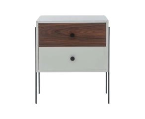 mesa de cabeceira 2 gavetas pine branco com pau ferro pes metal frente