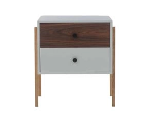 mesa de cabeceira 2 gavetas pine branco com pau ferro pes tauari frente