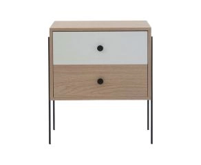 mesa de cabeceira 2 gavetas pine carvalho com branco pes metal frente