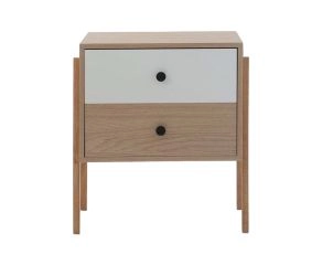 mesa de cabeceira 2 gavetas pine carvalho com branco pes tauari frente