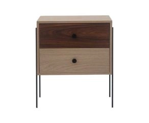 mesa de cabeceira 2 gavetas pine carvalho com pau ferro pes metal frente