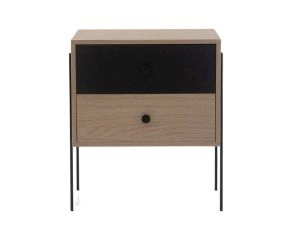 mesa de cabeceira 2 gavetas pine carvalho com preto pes metal frente
