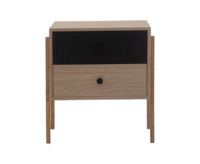 mesa de cabeceira 2 gavetas pine carvalho com preto pes tauari frente