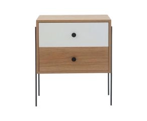 mesa de cabeceira 2 gavetas pine dual com branco pes metal frente