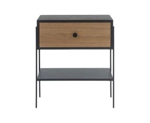 mesa de cabeceira pine preto com gaveta dual pes metal frente
