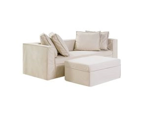 sofá corumbá sarja bege vista lateral com almofadas formato quadrado